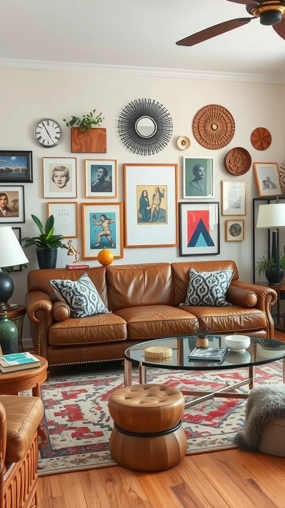 Eclectic living room with leather sofa, art-filled walls, and cozy decor