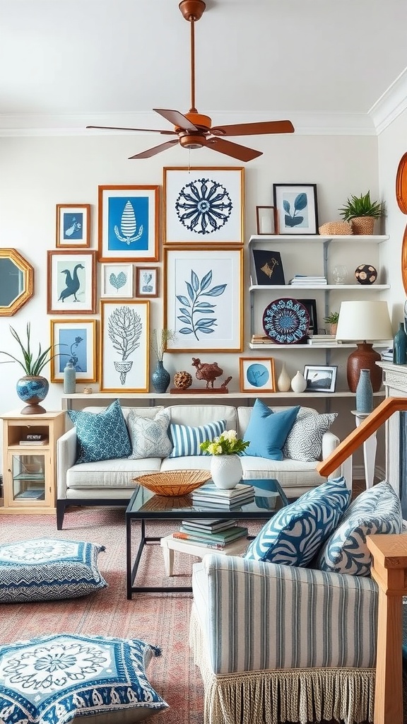 A cozy living room featuring a mix of blue and white patterns, with framed artworks on the wall, a comfortable sofa, and decorative poufs.