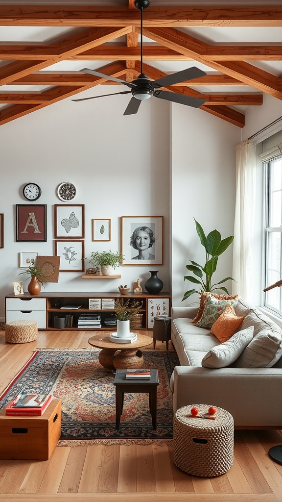 Eclectic living room with brown and white decor featuring wooden beams, a gray sofa, and a gallery wall.