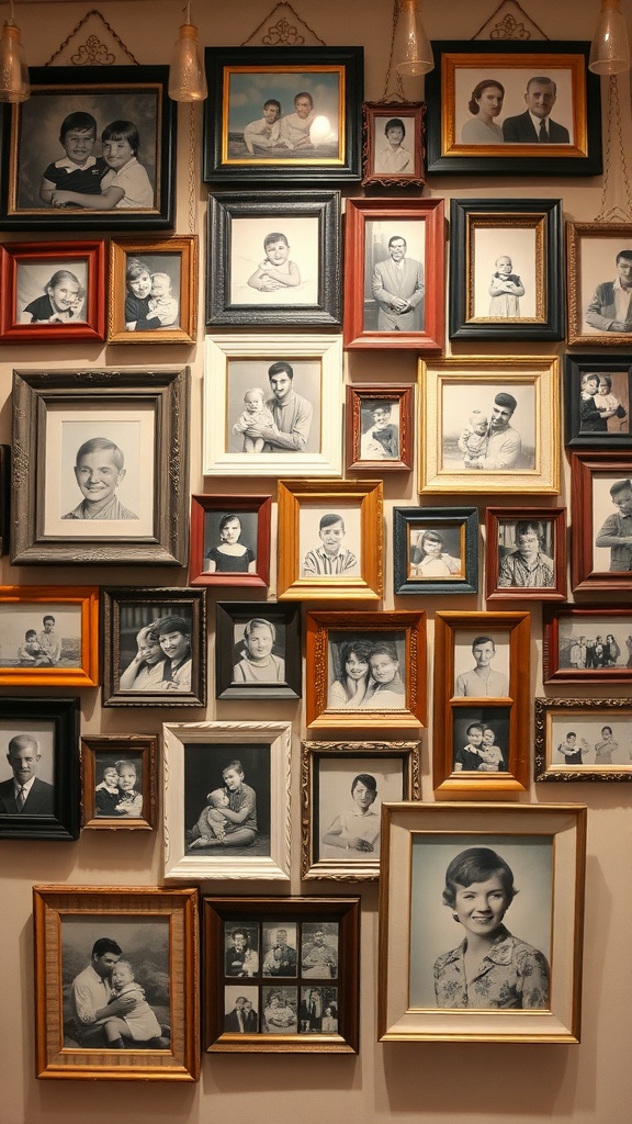 An eclectic display of frames on a wall featuring black and white photos.