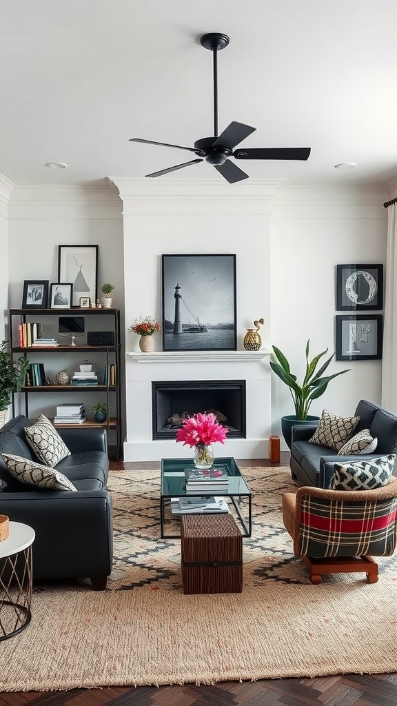 A stylish living room featuring a mix of black leather furniture, plaid accents, and colorful decor