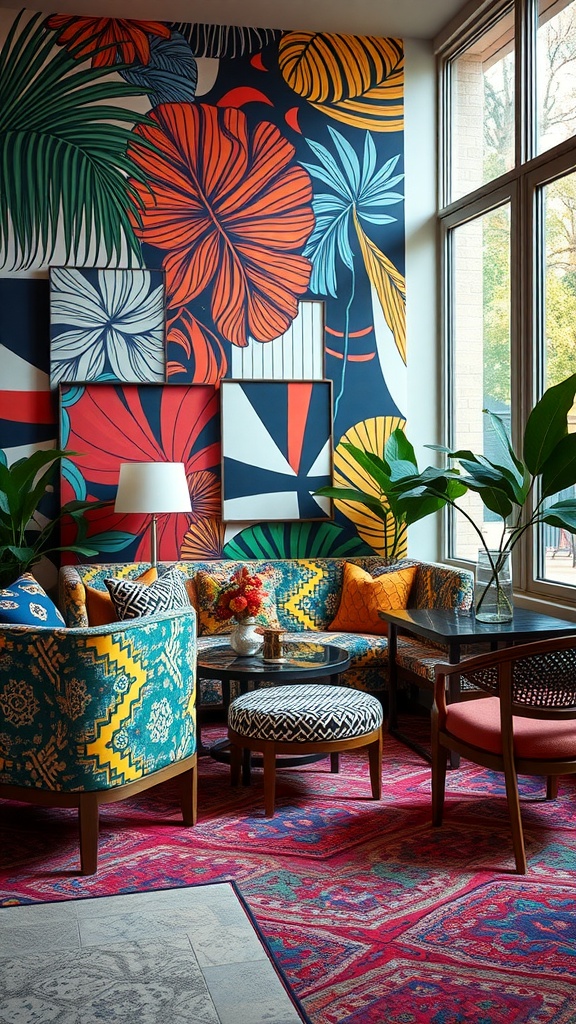 Living room with vibrant mural, mixed patterns on furniture, and colorful rug.