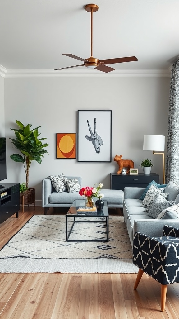 A stylish living room featuring an eclectic mix of patterns with modern furniture, colorful art, and decorative plants.