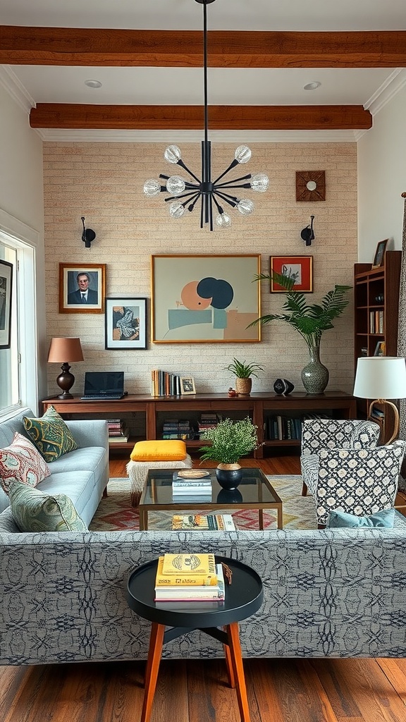 A cozy living room with an eclectic mix of patterns featuring a gray sofa, colorful throw pillows, patterned accent chairs, and a stylish chandelier.