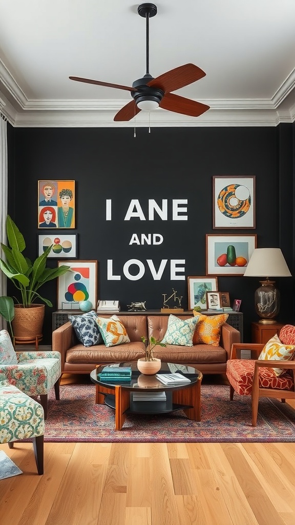 A cozy living room with a black accent wall featuring the words 'I AM AND LOVE', a brown couch with colorful cushions, eclectic furniture, and various artworks.