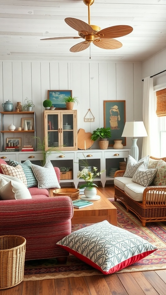 A cozy farmhouse style living room with a red sofa, assorted patterned pillows, and a mix of wicker and wooden furniture.