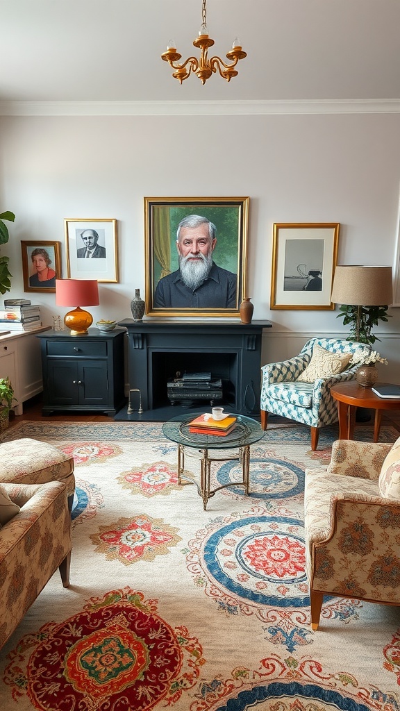 Living room featuring an eclectic mix of patterns and gold accents, with a colorful rug, framed artwork, and stylish furniture.