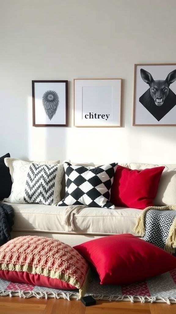 A cozy living room with a cream couch adorned with a variety of black, white, and red cushions, and framed art on the wall.