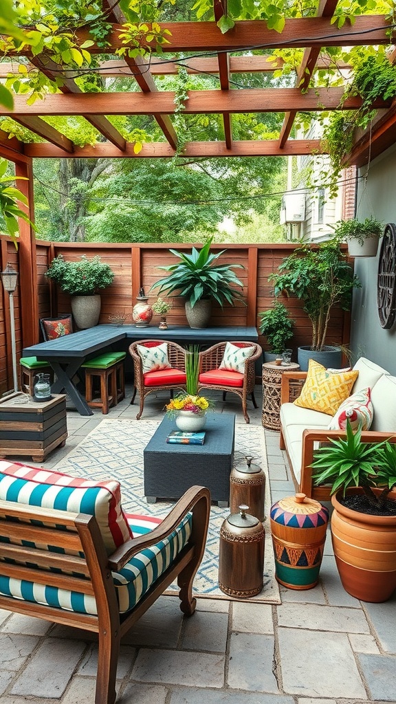 A cozy outdoor living room with a wooden pergola, mixed seating, and vibrant plants.