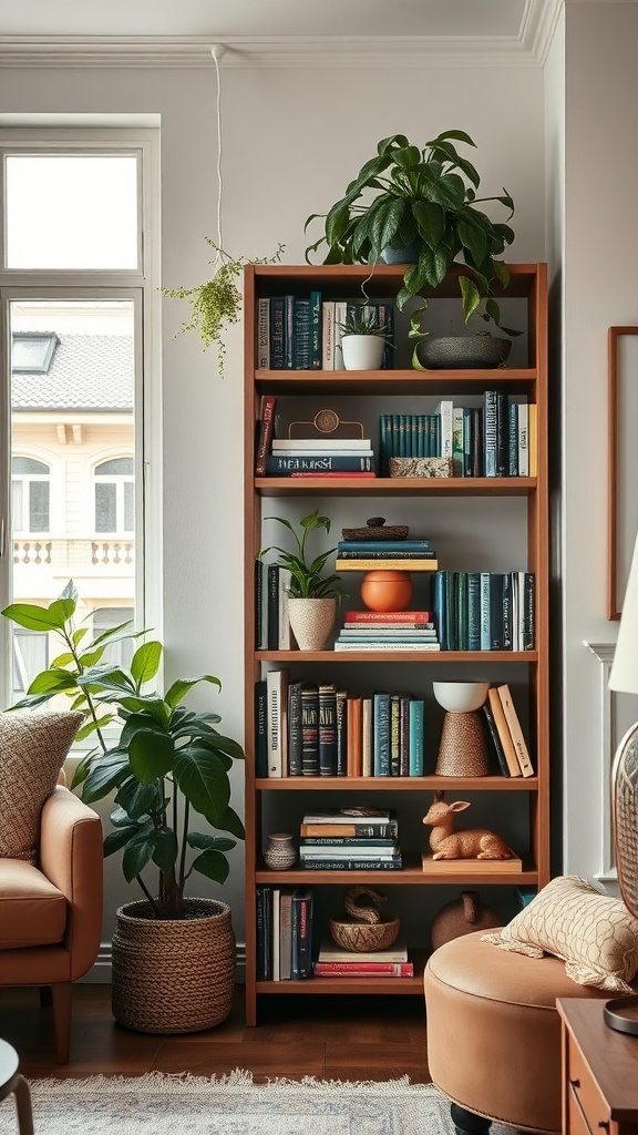 A cozy living room featuring a wooden bookshelf filled with books and decorative items, surrounded by plants.