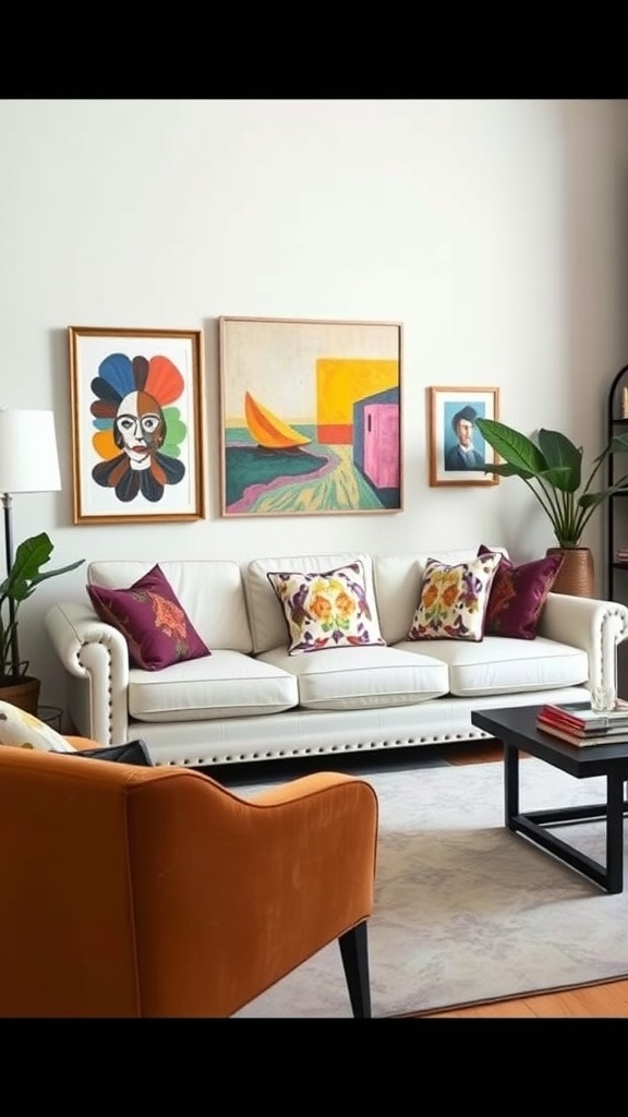 A living room featuring a white leather sofa with colorful patterned pillows, bold artwork on the walls, and an orange chair, creating an eclectic and inviting atmosphere.