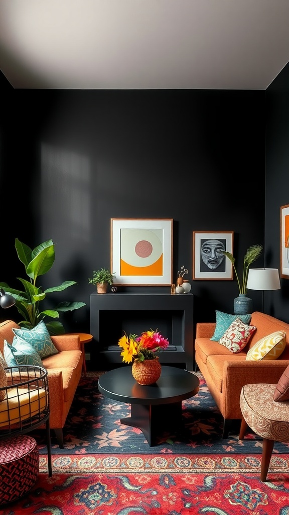 A cozy sunken living room with orange sofas, bold patterns, and dark walls, featuring colorful cushions and floral decor.