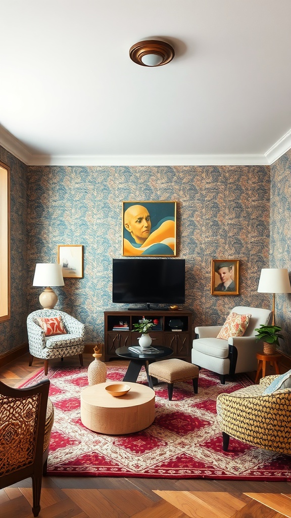 A living room showcasing eclectic prints with patterned chairs, a colorful rug, and detailed wallpaper.