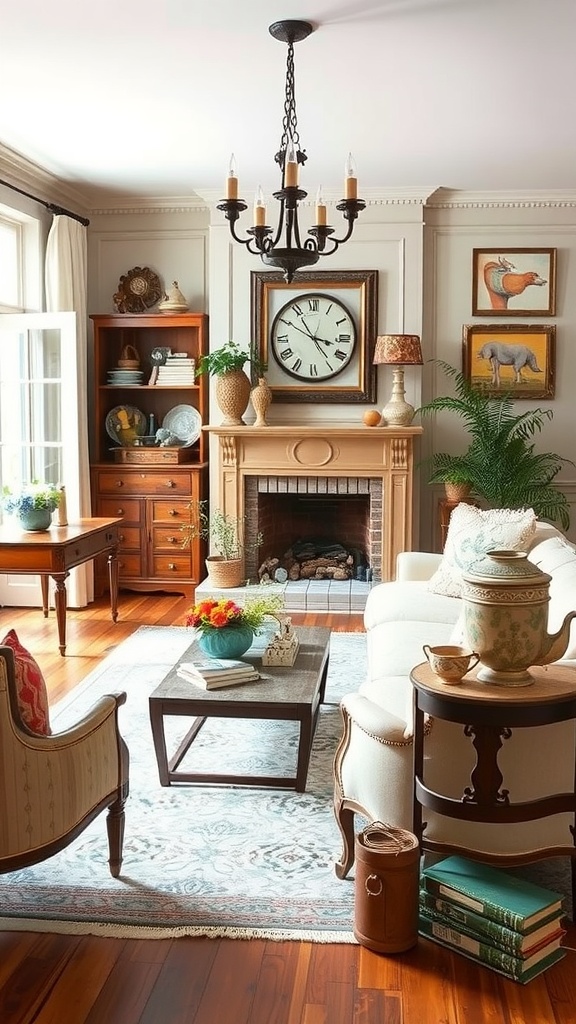 Cozy French country living room featuring eclectic furniture, a chandelier, and decorative accents.