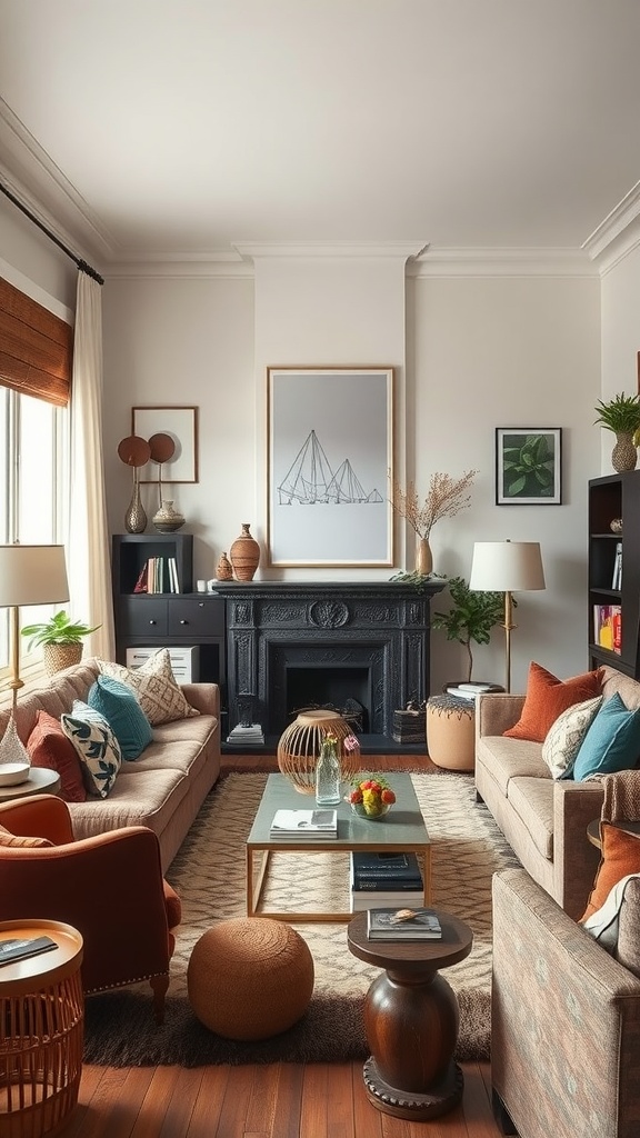 An eclectic living room featuring warm tones, colorful pillows, and a mix of furniture styles