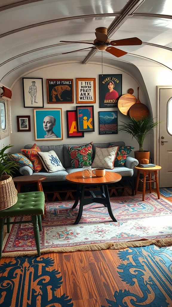 A cozy trailer house living room featuring a mix of colorful pillows, artwork, and rugs, showcasing an eclectic design style.