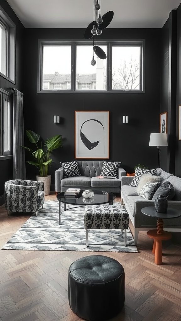 A living room with a black wall, grey furniture, patterned pillows, and a geometric rug.