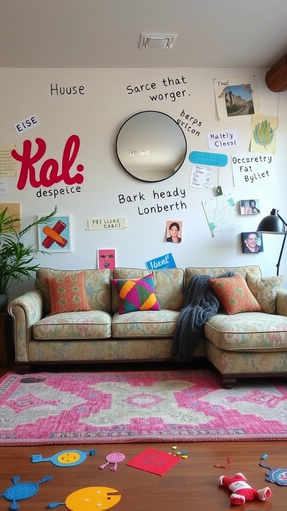 A cozy living room featuring an eclectic sectional sofa with colorful pillows, a playful wall with phrases and art, a bright area rug, and scattered crafts.