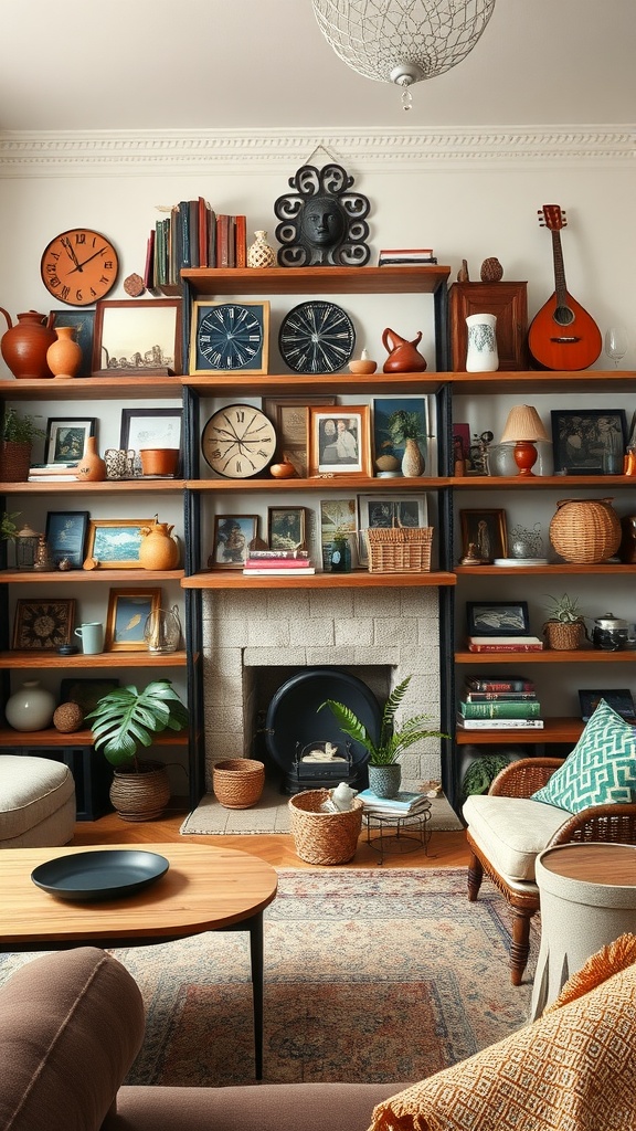 A cozy living room with eclectic shelving displaying various decorative items, including clocks, pottery, and framed photographs.