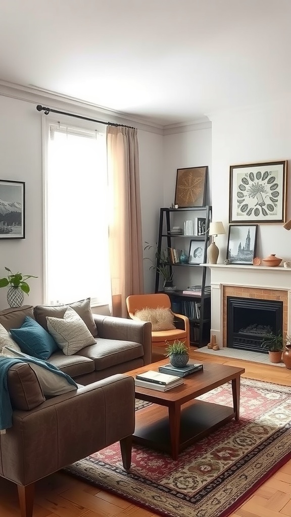 An eclectic living room featuring a brown leather sofa, blue and neutral pillows, a wooden coffee table, a stylish bookshelf, and various artworks on the walls.