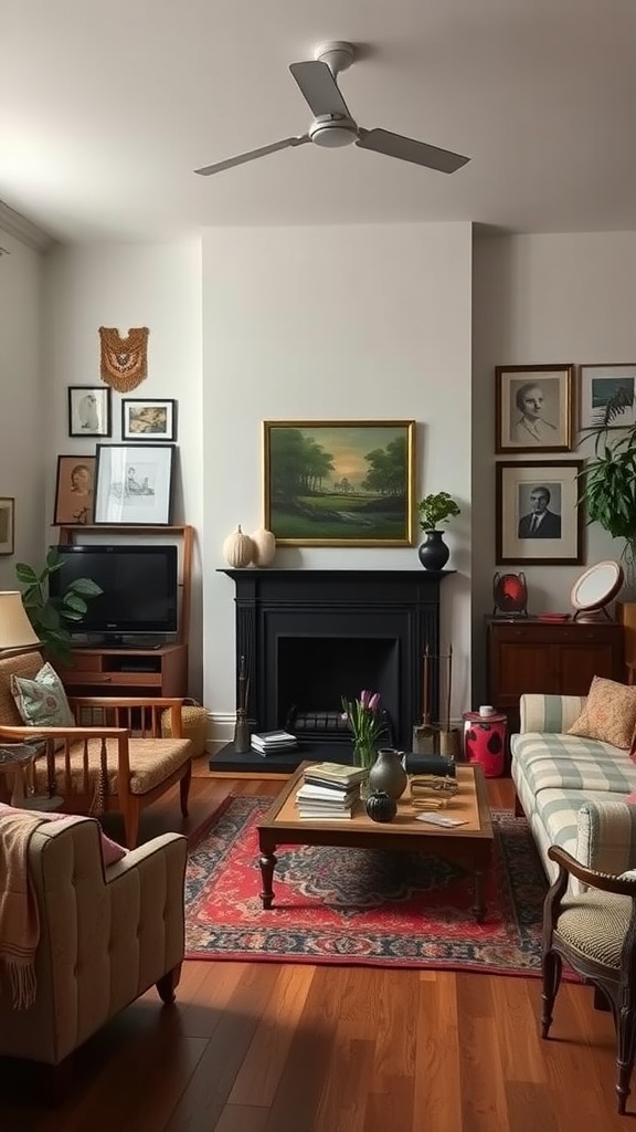 A cozy living room featuring a black fireplace, eclectic furniture, and a mix of artwork on the walls.