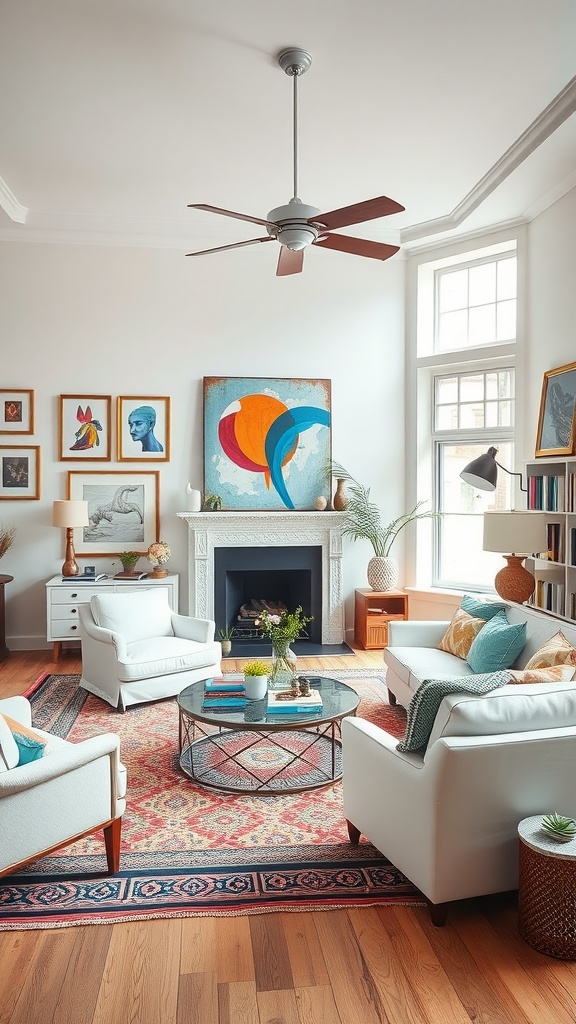 A bright living room featuring white furniture, eclectic art, and a cozy atmosphere.