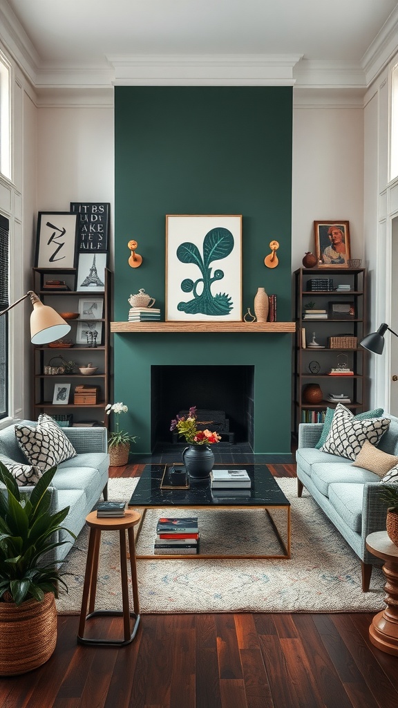 A cozy living room featuring a dark green wall, light blue sofas, and eclectic decor, showcasing a blend of styles.