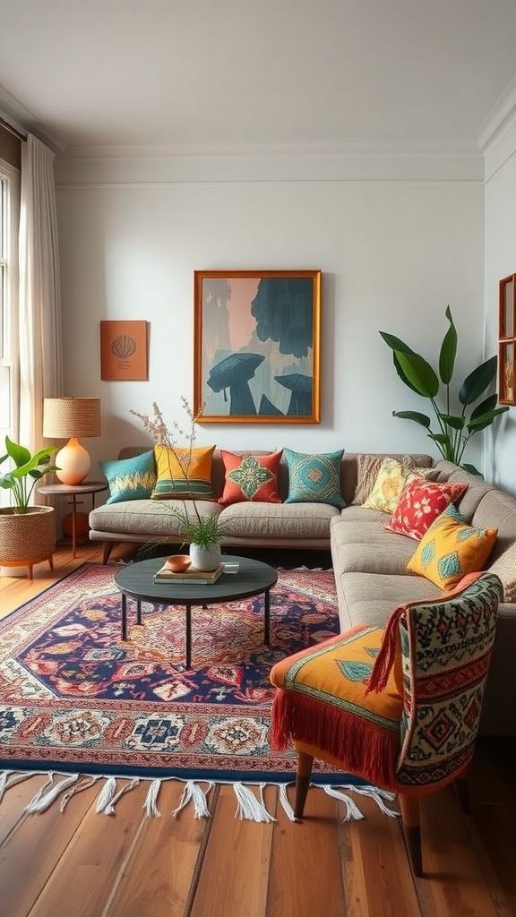 A mid-century boho living room featuring eclectic textiles and patterns, including a cozy sofa with colorful cushions and a richly patterned area rug.