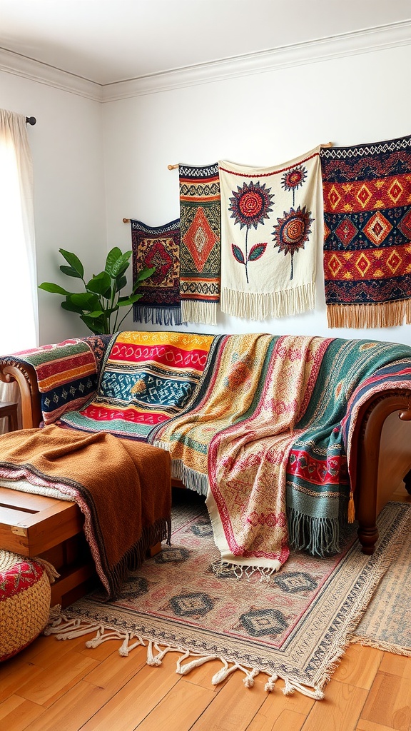 A cozy living room with a sofa covered in eclectic throw blankets and decorated with vibrant wall hangings.