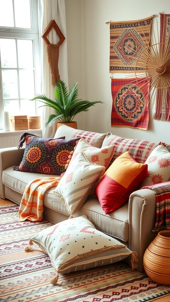 A cozy boho living room featuring a sofa with colorful throw pillows, a patterned rug, and textured wall hangings.