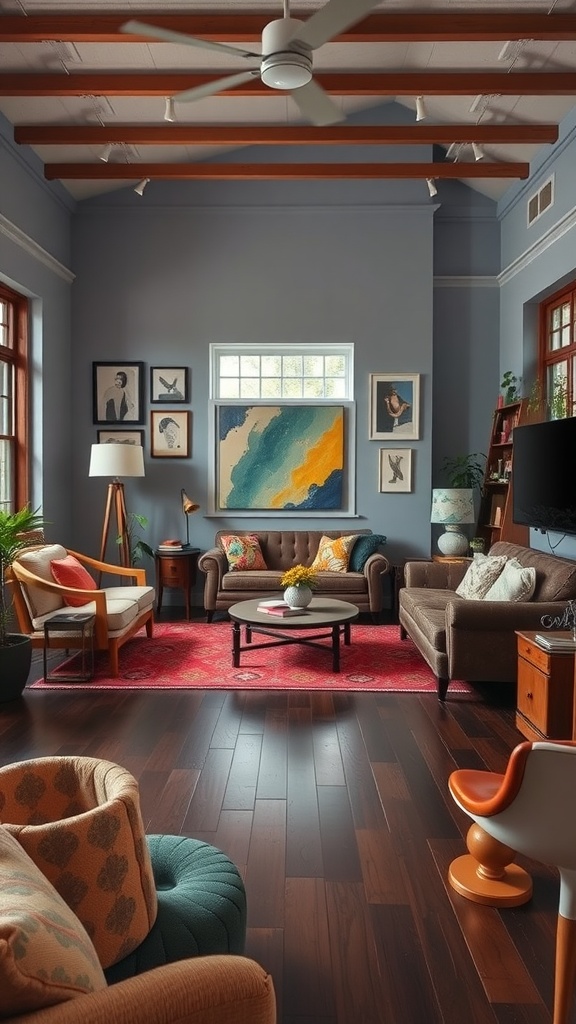 Living room featuring dark wood floors, eclectic furniture, and colorful art.