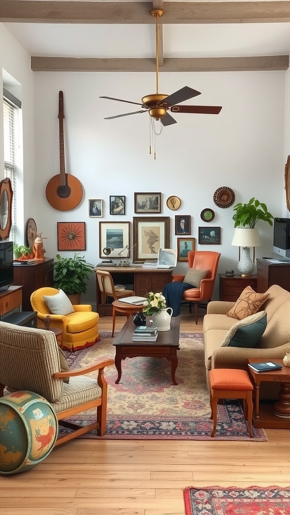 A vintage-inspired living room featuring colorful chairs, a gallery wall with framed art, and wooden beams.