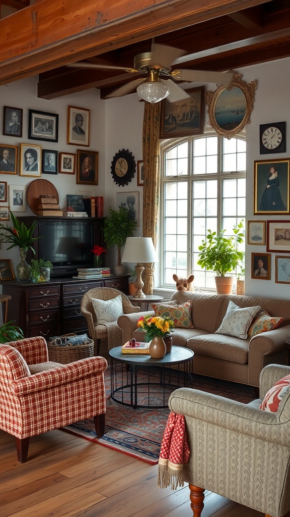 A cozy living room featuring a mix of vintage furniture and decor, with framed art on the walls and a warm color palette.