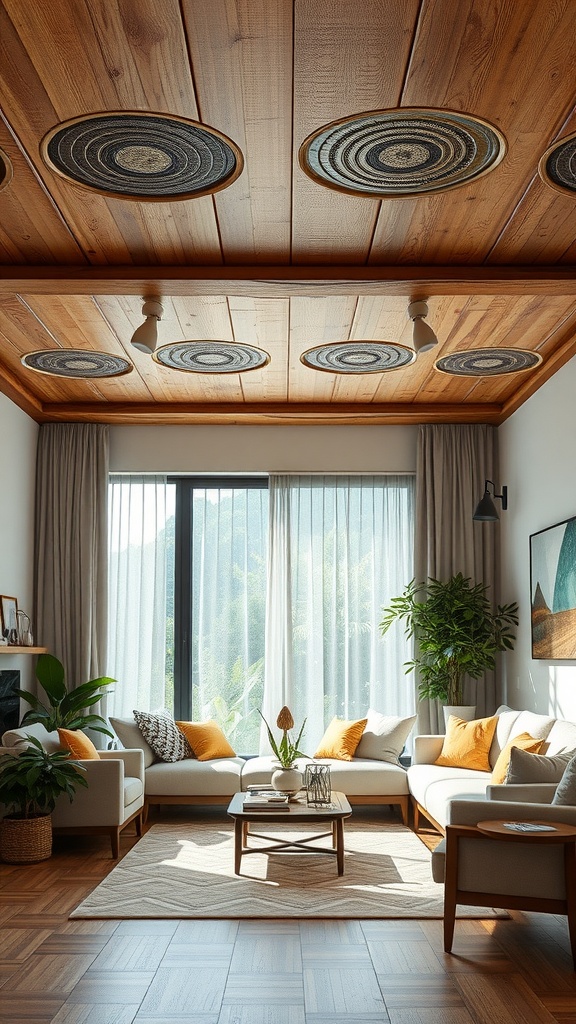 Living room with a wooden ceiling featuring circular designs, large windows allowing natural light, and plants for a cozy and eco-friendly atmosphere.