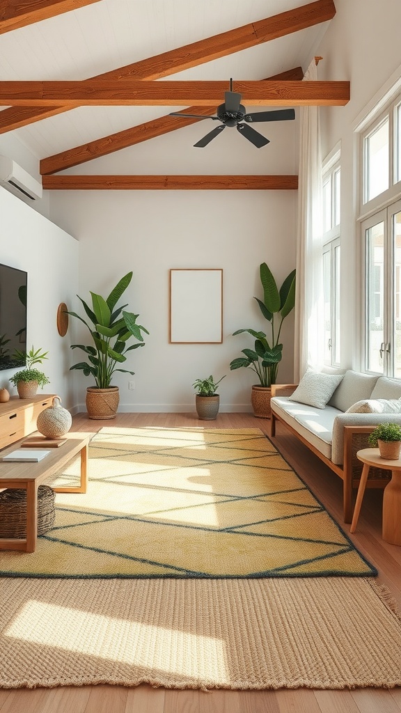 A bright living room featuring large windows, wooden beams, and an eco-friendly rug with a geometric design.