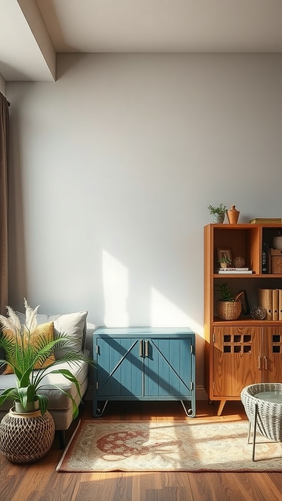 A cozy living room featuring a blue storage cabinet, a natural woven basket, and a potted plant, illustrating eco-friendly storage ideas.