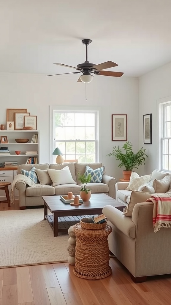 A cozy living room featuring neutral sofas, a wooden coffee table, a woven basket, and plants, all in a bright and airy setting.