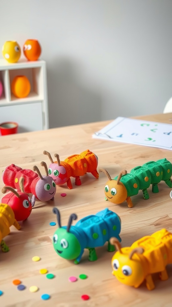 Colorful egg carton caterpillars on a table