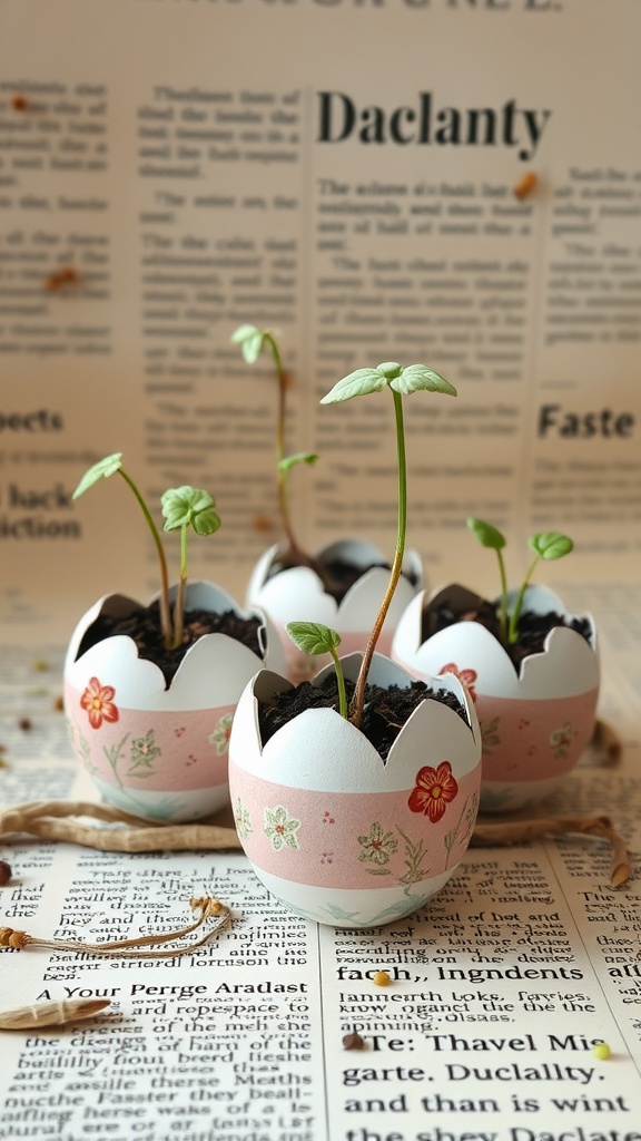 Colorfully decorated eggshell planters with small plants growing inside