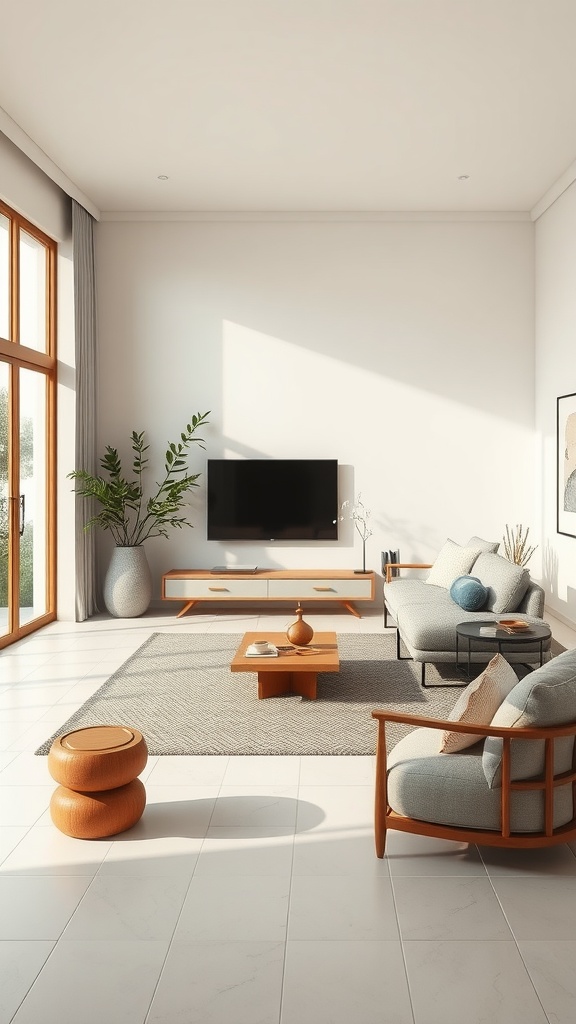 A serene Asian-inspired living room with natural light, minimalist furniture, and green plants.