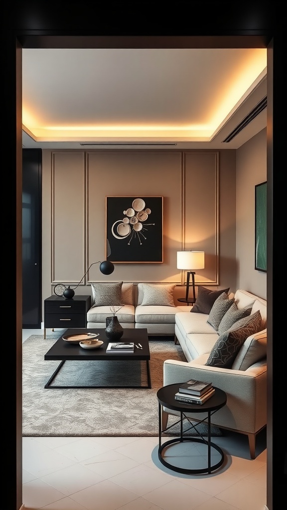 A stylish living room featuring beige walls and black furniture, creating an elegant contrast with warm lighting.