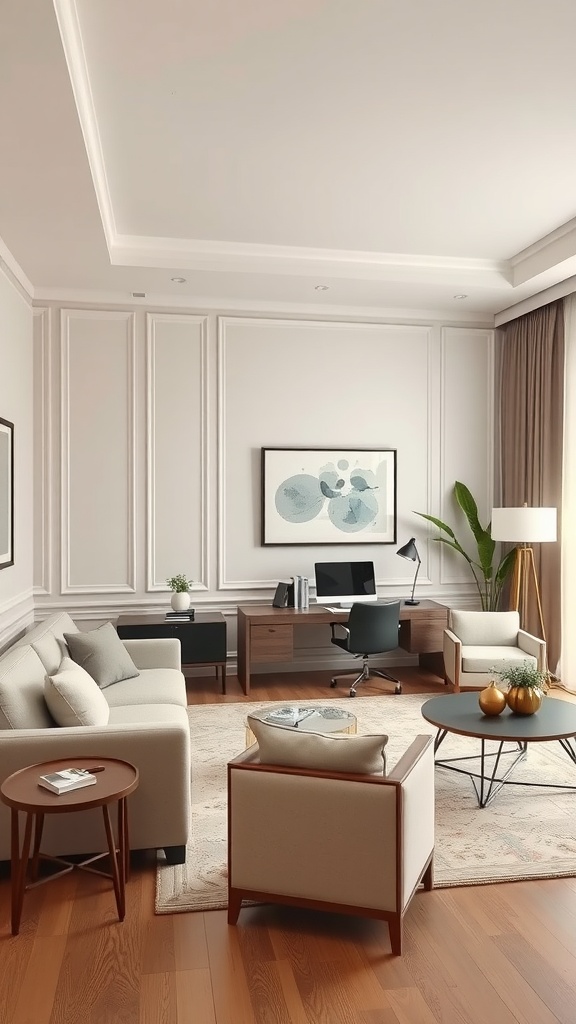 Elegant beige home office with modern furniture and decor