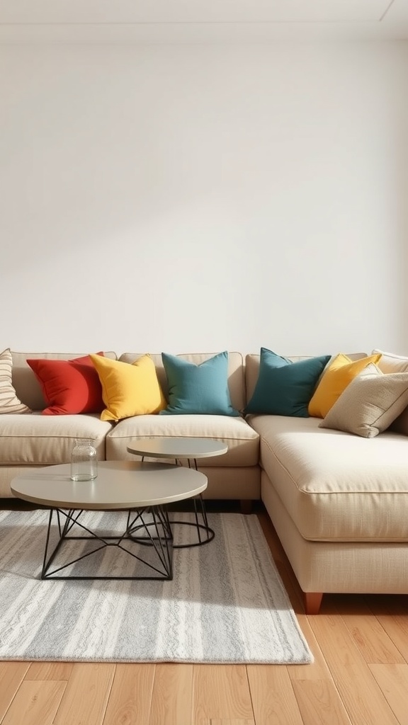 A cozy living room featuring a beige sectional sofa with colorful throw pillows, minimalist coffee tables, and a textured area rug.