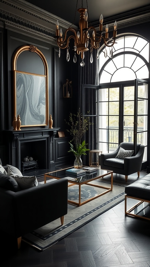 A living room featuring black walls, gold accents, and elegant furniture.