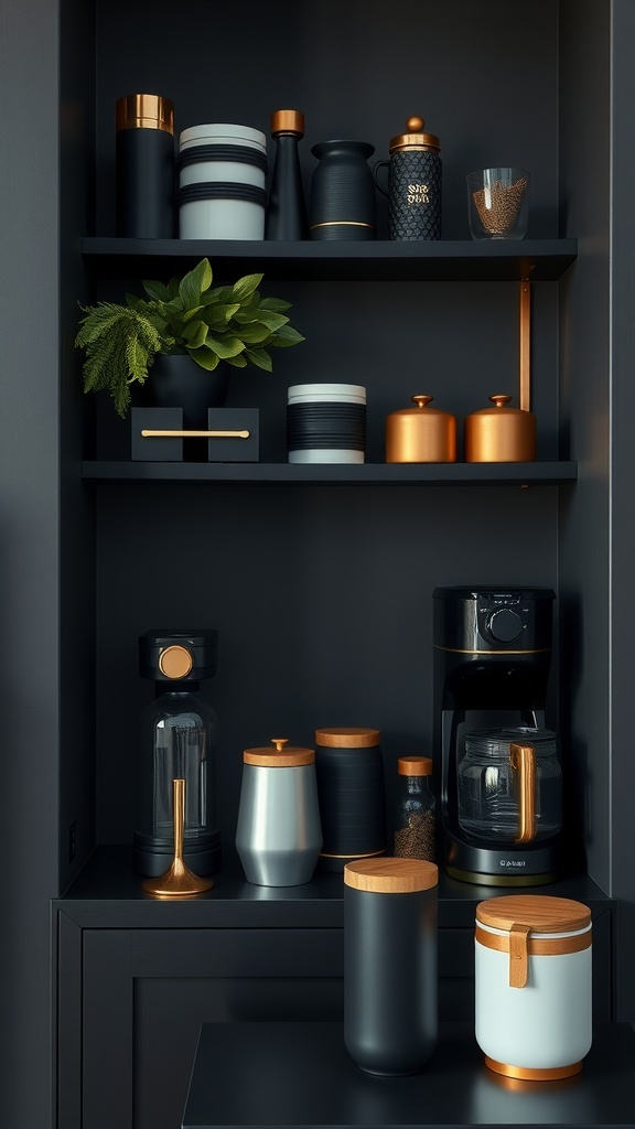 A stylish black and gold coffee station featuring various coffee-making tools and decorative elements.