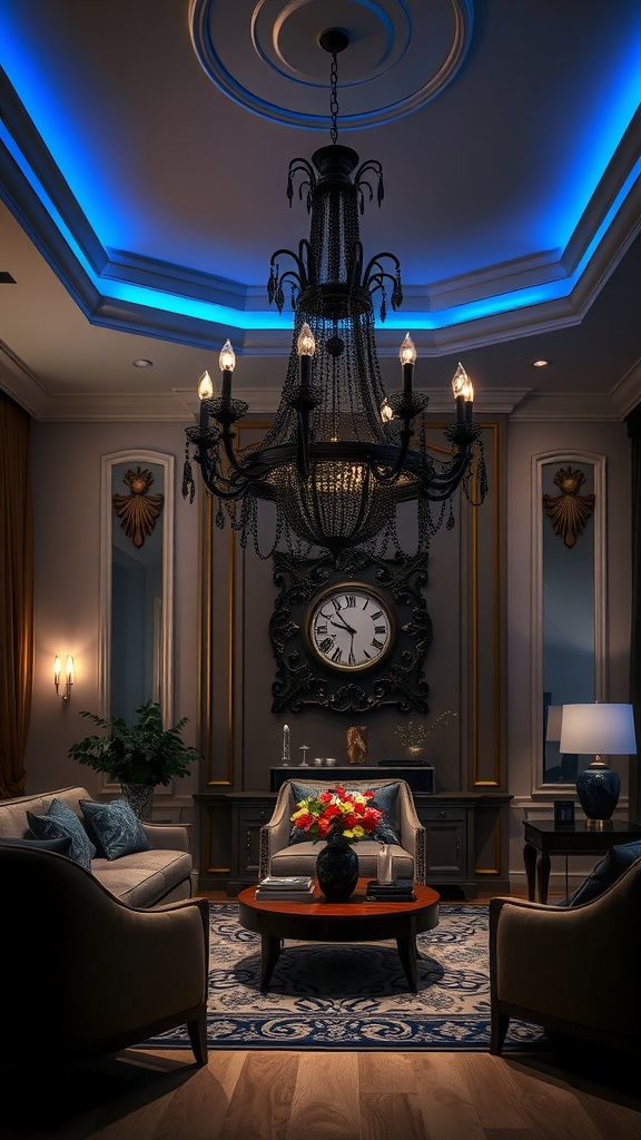 Elegant black chandelier in a stylish living room.