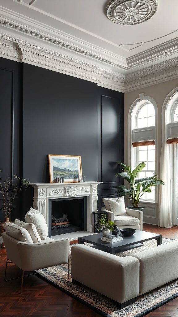 A stylish living room featuring elegant black crown molding, a black accent wall, and light-colored furniture.