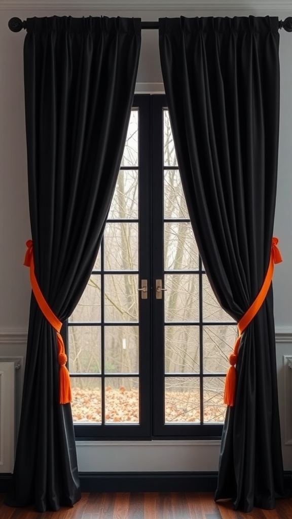 Elegant black curtains with orange tiebacks framing a window