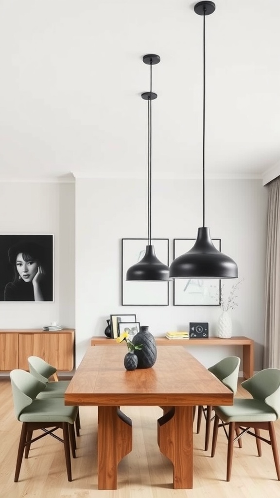 A modern living room with black pendant lights, a wooden dining table, and stylish chairs.