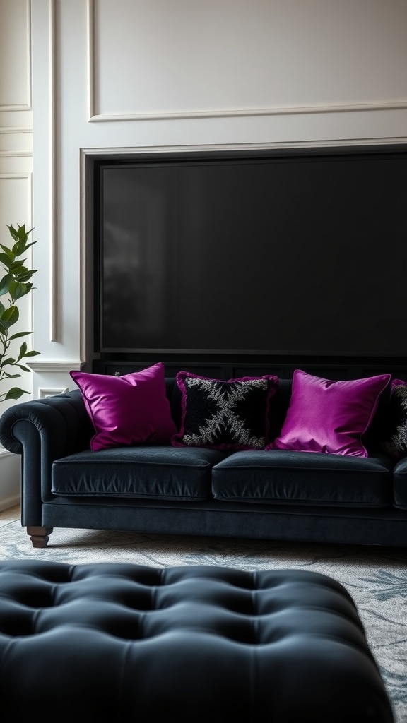 A stylish black velvet sofa with purple cushions in an elegant living room setting